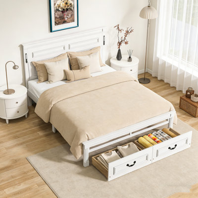 Queen Size Pinewood Bed With Tall-Panel Headboard & Footboard, 2 Storage Drawers, LED Lights & USB Charging, Walnut
