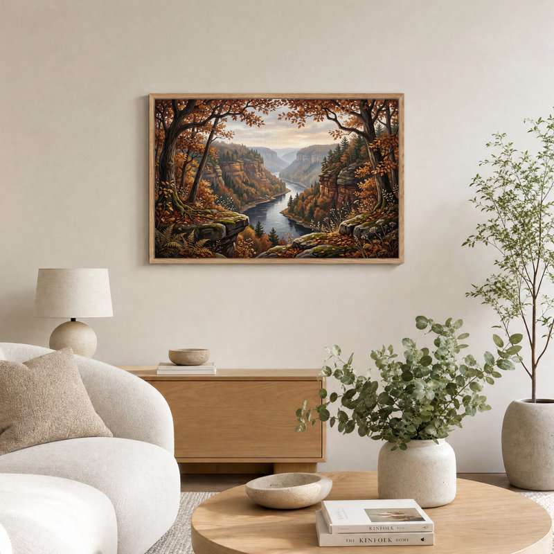 Tableau sur toile représentant la vallée de la rivière d'automne dans le canyon rocheux, 32"H x 48"W