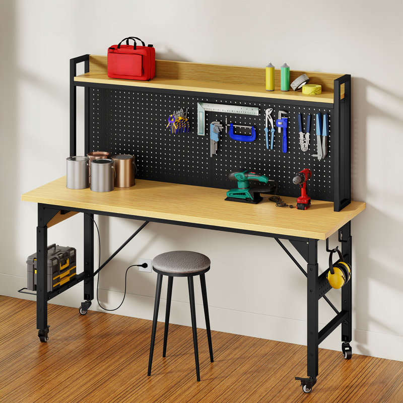 Heavy Duty Adjustable Workbench with Pegboard, Wheels, and Power