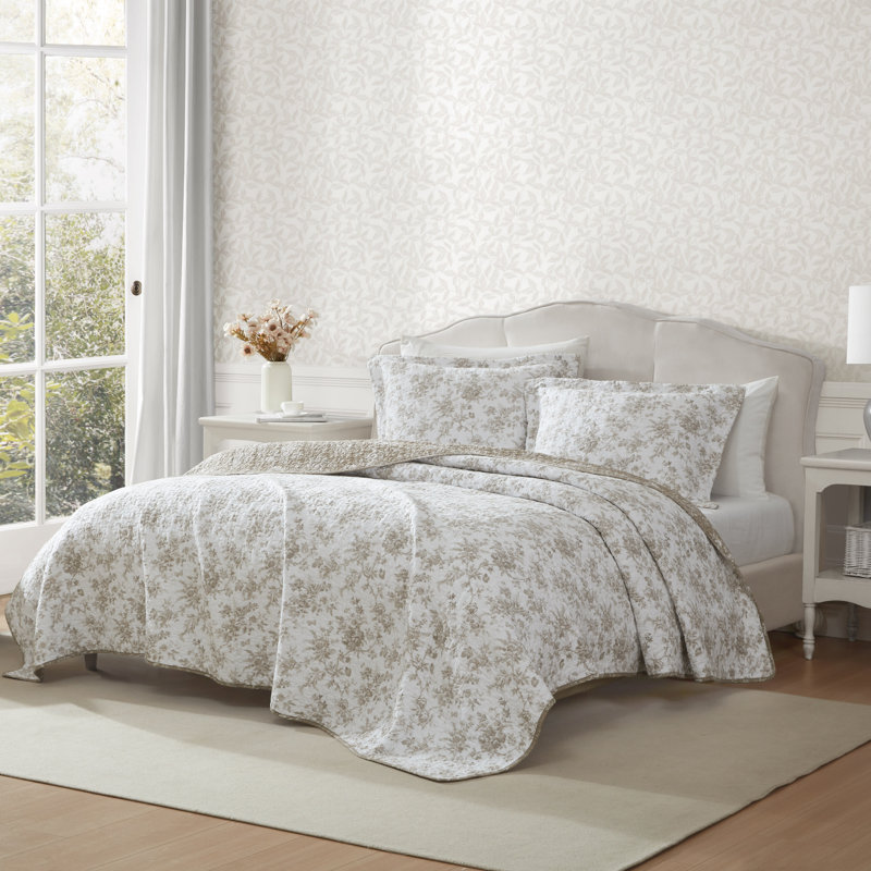 Laura Ashley Walled Garden Cotton Reversible Quilt Set, Twin Quilt + 1 Standard Sham, Brown