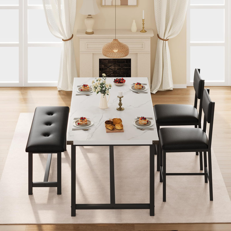 Ensemble de table de salle à manger 3 pièces, avec 2 chaises rembourrées et banc, Noir, noir, noir, noir, Marbre blanc