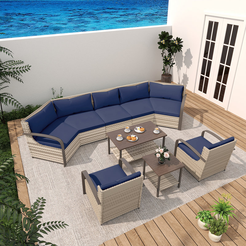 7-seater Patio Furniture Set, 7 Pieces Wicker Sofa with 2 Armchairs, Double-layer Coffee Table and  Ended Table, Blue