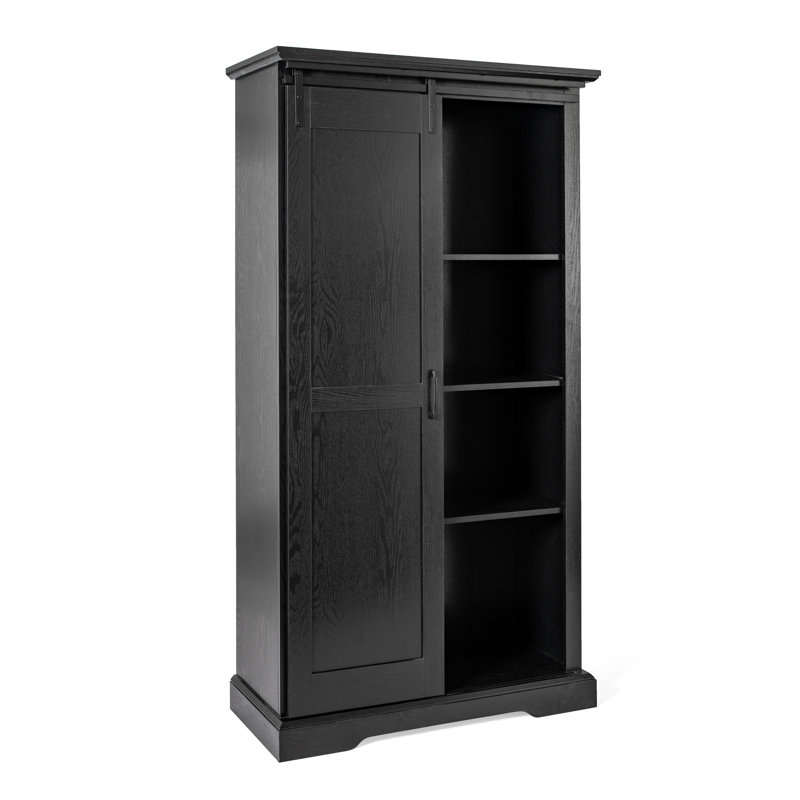 Rustic Farmhouse Storage Cabinet Bookcase with Sliding Barn Door and Adjustable Shelves, Black
