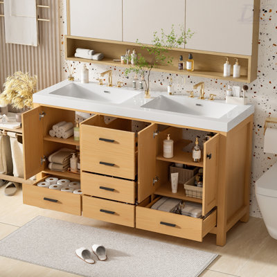 Meuble-lavabo 59,3 po avec cadre en bois massif et armoire en panneau de fibres à densité moyenne, double lavabo en résine SMC, portes et tiroirs à fermeture en douceur, 4 portes, 5 tiroirs, tablettes réglables, poignées noires