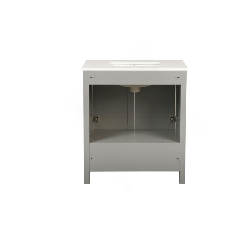 Lavabo, comptoir de meuble-lavabo en marbre d'ingénierie Carrara avec lavabo rectangulaire encastré en céramique, grande porte de rangement à fermeture en douceur, structure en bois, bleu marine