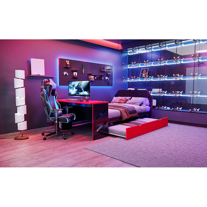 Lit en bois avec lit gigogne, bureau et port USB, Rouge