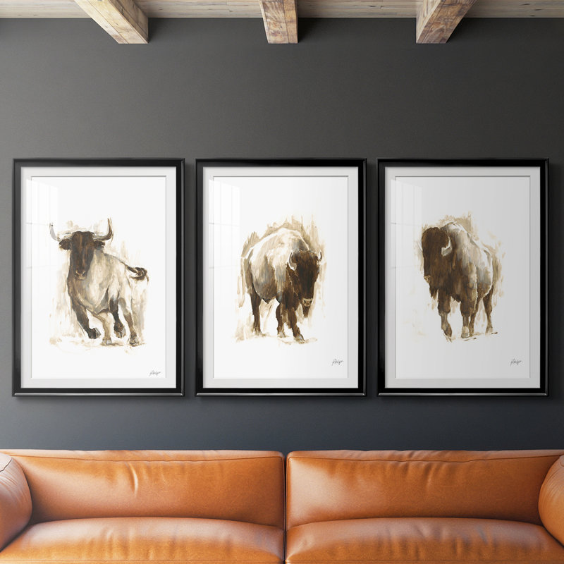 «Rustic Bull II», impression encadrée sur mesure de qualité supérieure mate - 3 pièces, H 19 po x l 27 po, Noir