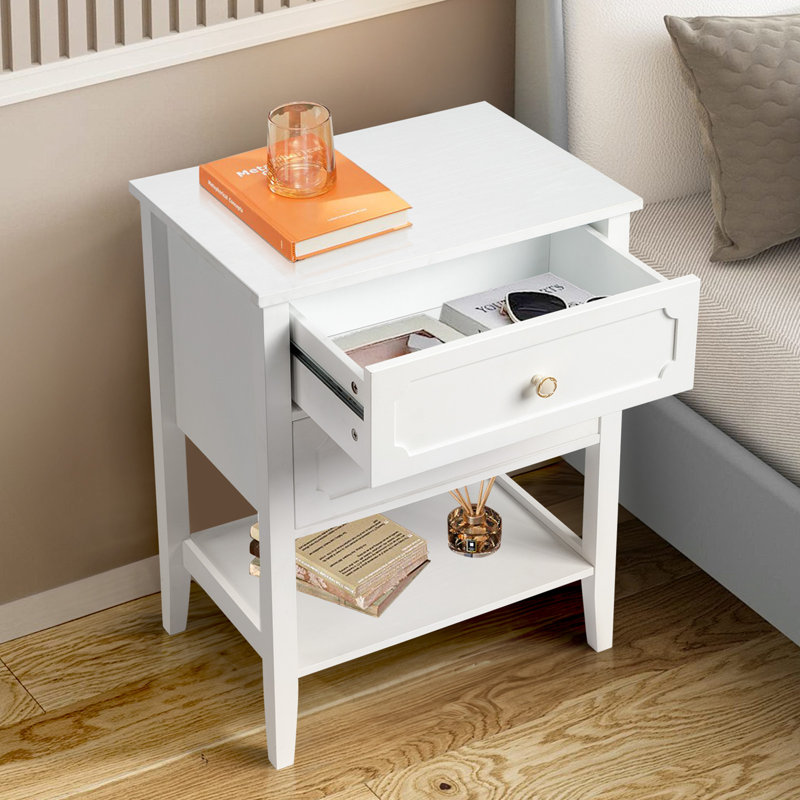 Table de chevet 2 tiroirs avec rangement 25,6 po, blanc, Blanc, 28.07'' H X 25.6'' W X 15.4'' D
