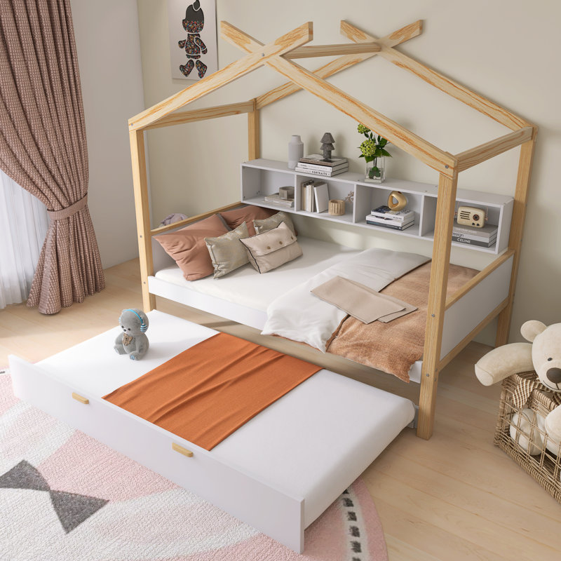 Wooden House Bed Original Wood Colored Frame With Twin Size Trundle And Bookshelf Storage Space For Children Or Guest Room