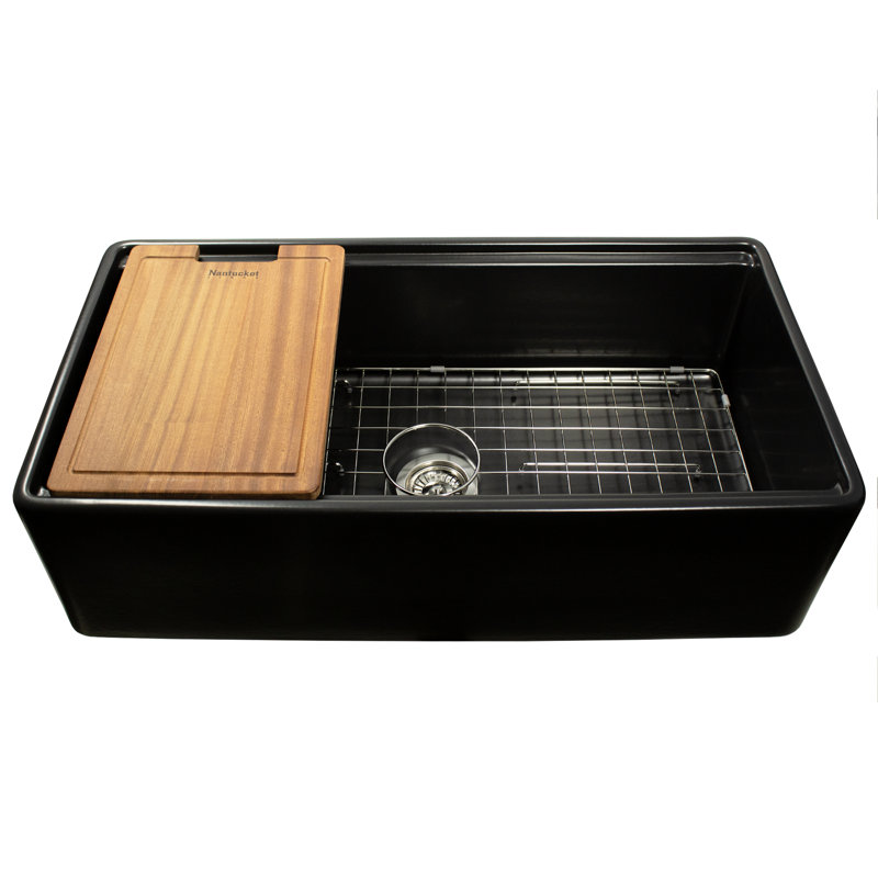 35.75 Inch European Fireclay Farmhouse Prep Station Sink, Matte Black