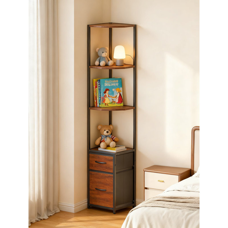 Bibliothèque d'angle à 6 niveaux avec tiroirs de rangement, étagère de coin autoportante pour le salon, la chambre à coucher, la cuisine, la salle de bain et le bureau