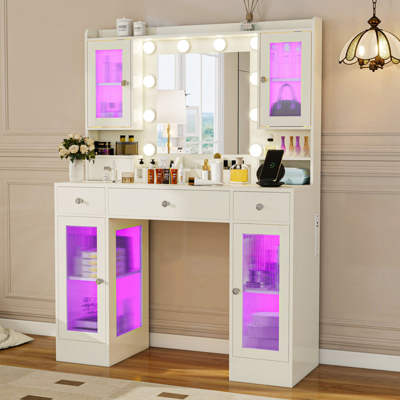 Table de coiffeuse avec miroir, lumières et station de charge - blanc