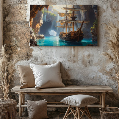 Toile, bateau mural pirate majestueux qui parcourt une grotte cachée avec cascades lumineuses, art mural