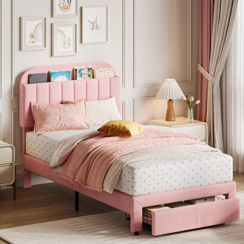 Structure de lit avec tiroir, structure de lit tapissier en velours avec tête de lit, Rose