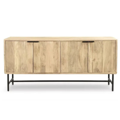 Buffet Owen en bois de manguier massif avec 4 portes texturées et pieds en métal noir