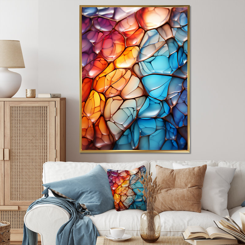 «Opalescent Abstract Fractal Glass relief III», impression d'art mural fractal, Cadre flottant doré, H 32 po x l 16 po