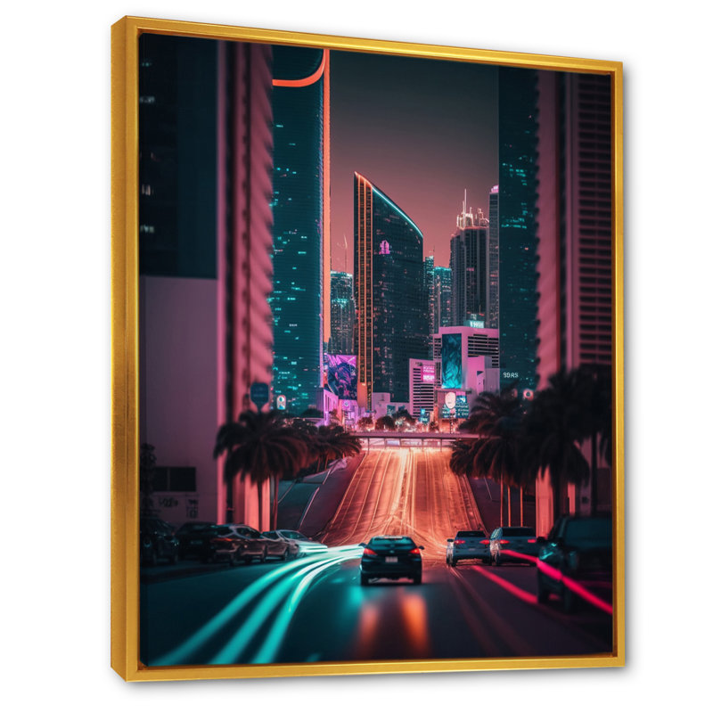 «Futuristic Miami Neon Art I», reproduction sur toile, H 32 po x l 16 po x P 1 po, Cadre flottant doré