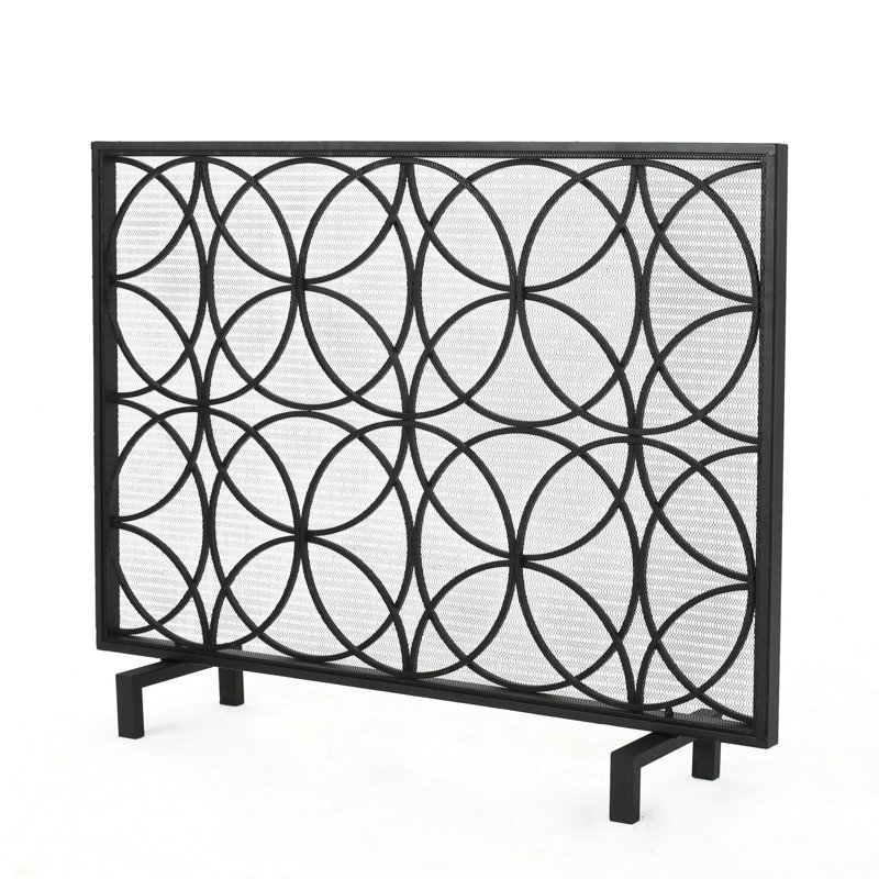  Single Panel Iron Fireplace Screen, Geometric Overlapping Circles Mesh Metal Spark Guard for Hearth Safety, Black
