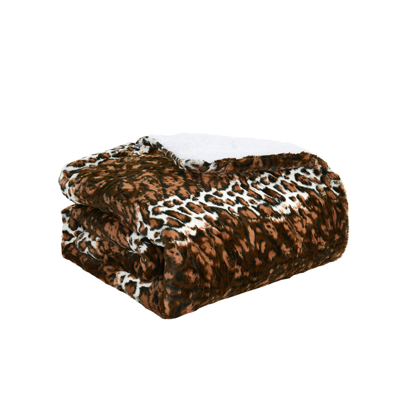 Queen Size Brown Leopard Faux Fur Sherpa Reversible Blanket