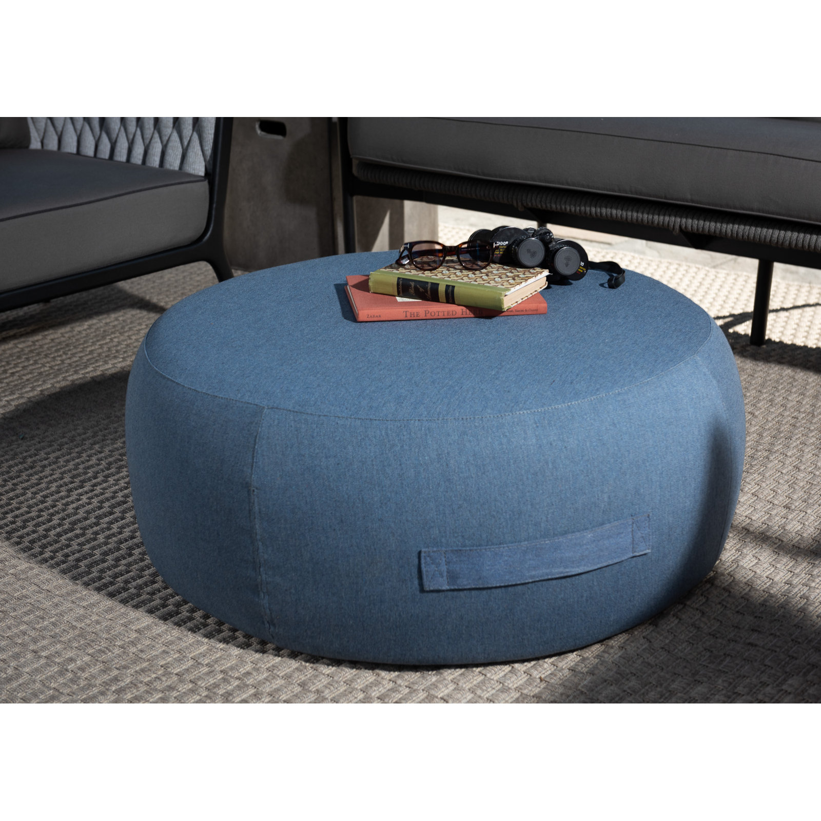 Talita Round Upholstered Outdoor Ottoman, Denim