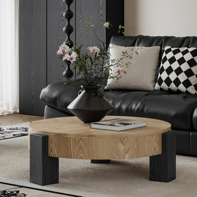 Table basse ronde de 33 po avec rangement rabattable, placage en bois de style moderne, 3 pieds en bloc pour plus de stabilité, idéal pour les petits appartements, noir naturel et mat, surface laquée