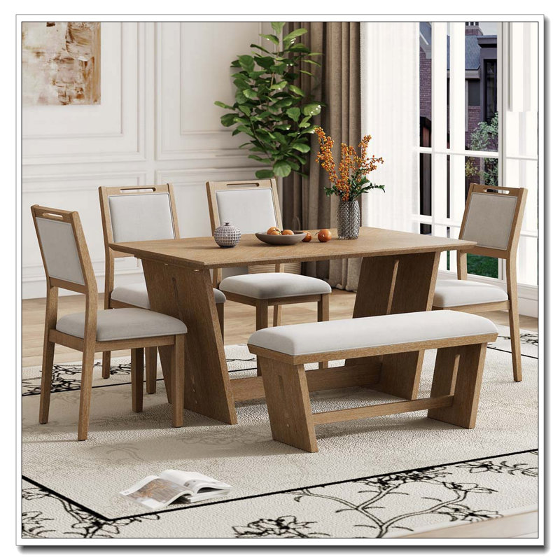 Ensemble repas 6 pièces avec base trapézoïdale et chaises sculptées, Bois naturel délavé