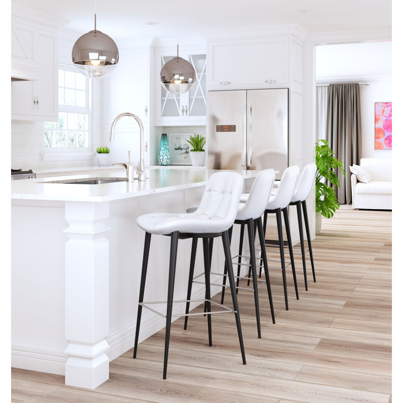 Modern White Tufted Bar Stool with Stainless Steel Legs