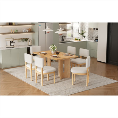 Farmhouse 60-Inch Rectangular Solid Wood Dining Table with 6 Upholstered Chairs, Natural Wood Tone