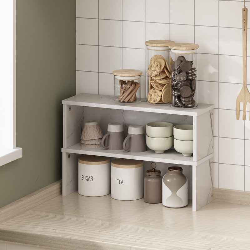 Helena 18-Inch Kitchen Counter Stackable Organizer Shelf, Light Marble, Set of 2
