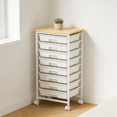 Chariot de rangement roulant à 8 tiroirs avec roues verrouillables et plateau de table en bois, chariot de rangement mobile pour la maison, le bureau et la salle de classe