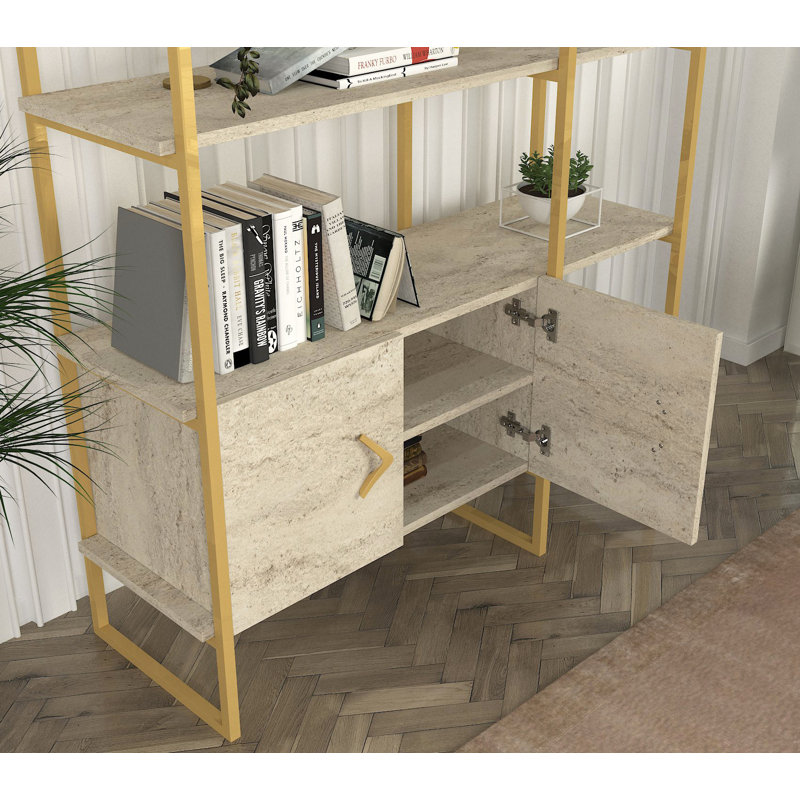 Baugus 180cm H x 120cm W Standard Bookcase, Gold/Travertine