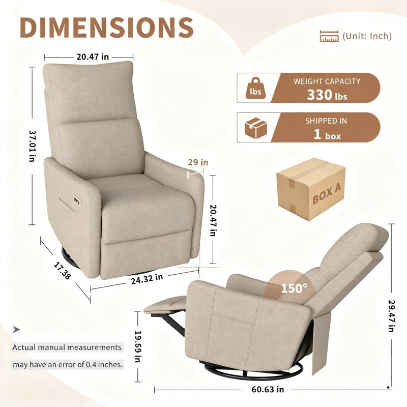 Fauteuil inclinable électrique avec dossier rembourré Velvora, Brown