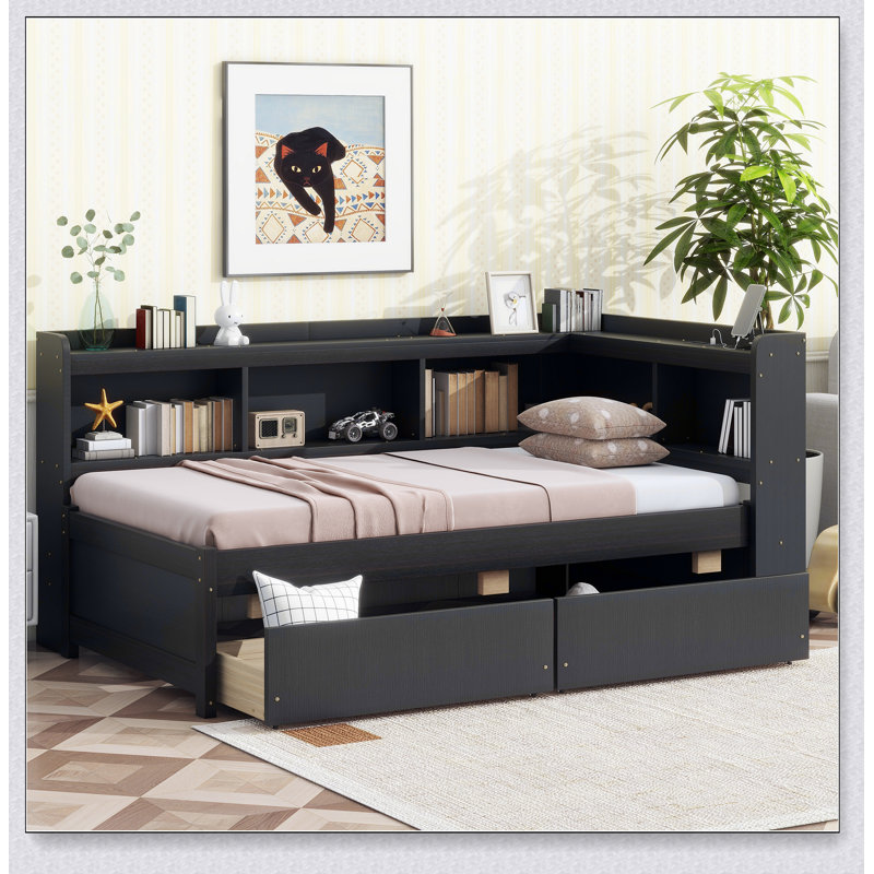 Lit en forme de L avec bibliothèques avec prises de courant, ports de chargement USB, deux tiroirs, Lit simple, Espresso