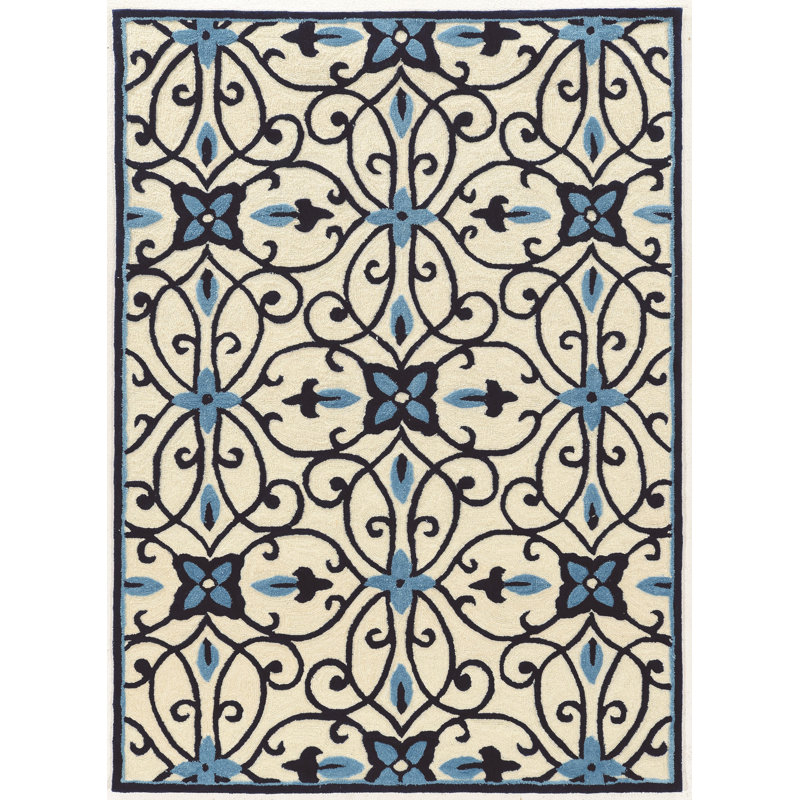 Tapis noir / crème / bleu touffeté à la main Marisela, Rectangle 5 pi x 7 pi