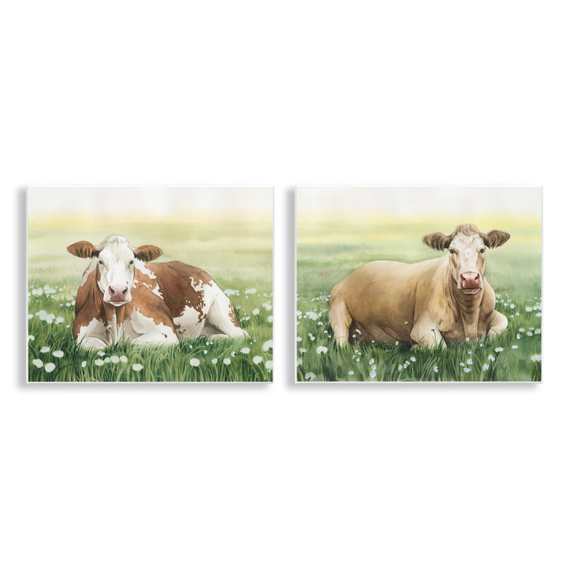 «Cows Resting in Flower Field», ensemble de 2 plaques murales par Grace Popp