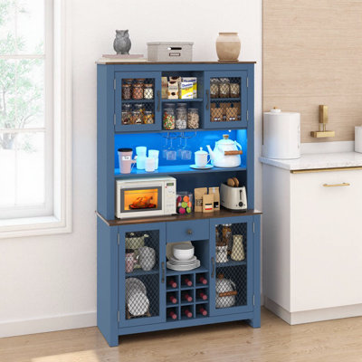 Farmhouse Kitchen Pantry Cabinet with Power Outlets, Wine Rack & LED Lighting