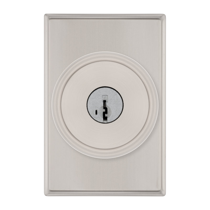 Sora Keyed Entry Knob w/ Rectangular Rose featuring SmartKey Security, Satin Nickel