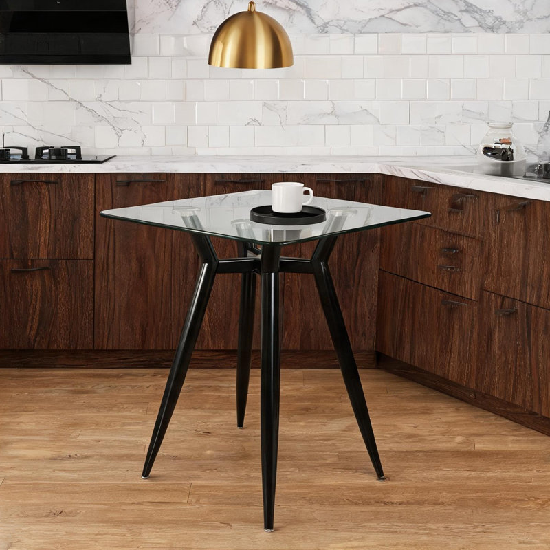 Table de comptoir en verre transparent avec pieds en acier noir, design carré Mid-Century moderne, 4 places