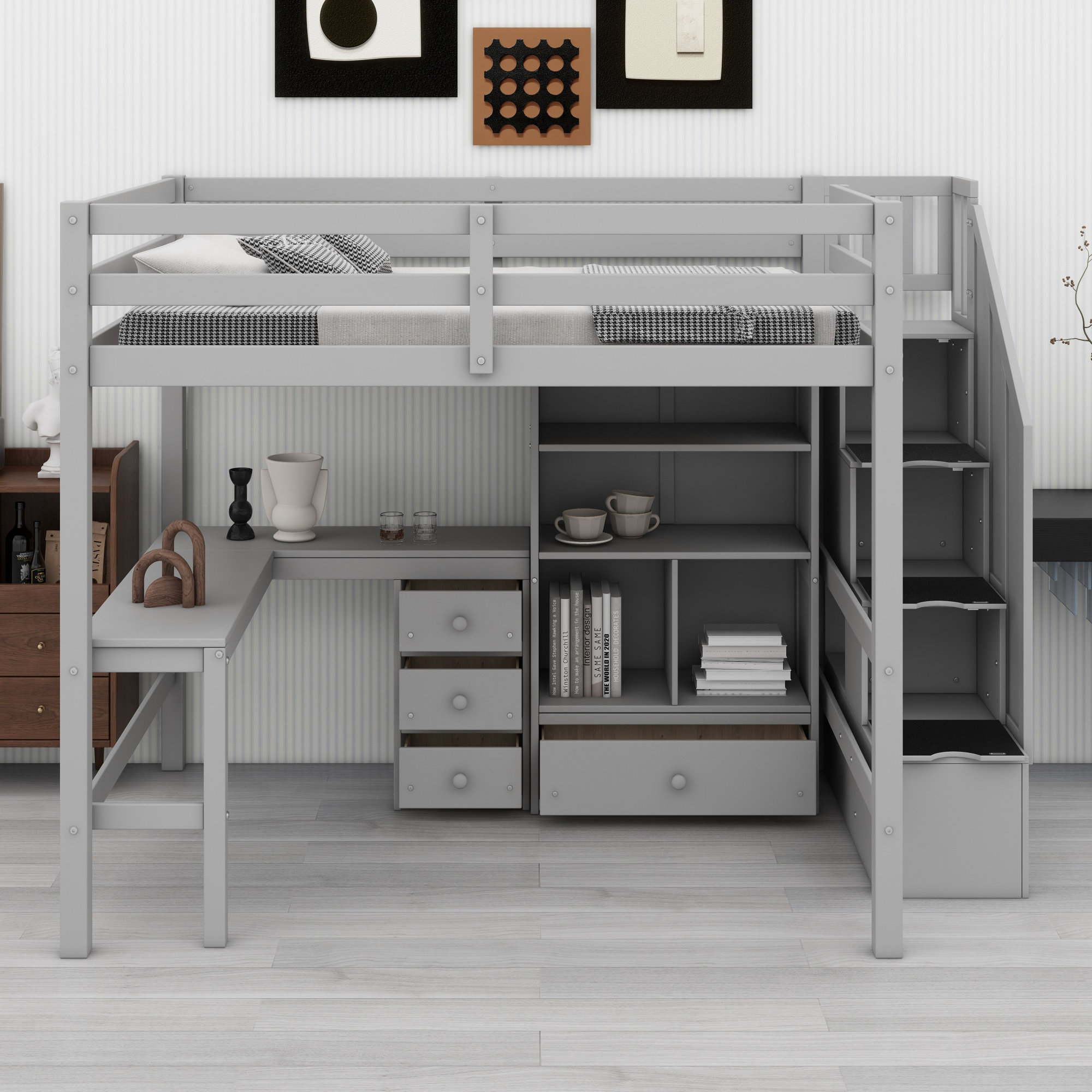 Latitude Run® Loft Bed With L-Shaped Desk And Drawers, Cabinet And ...