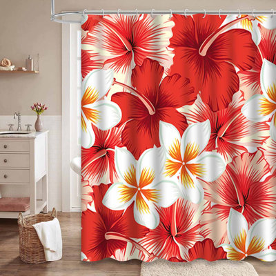 Waterproof Tropical Red Floral Hawaiian Hibiscus Shower Curtain with 12 Hooks