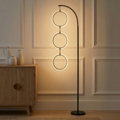 74" Modern Industrial Arched LED Floor Lamp with Black Finish, Hanging Ring Lights, and Built-In 3-Way Dimmer, Integrated Lighting
