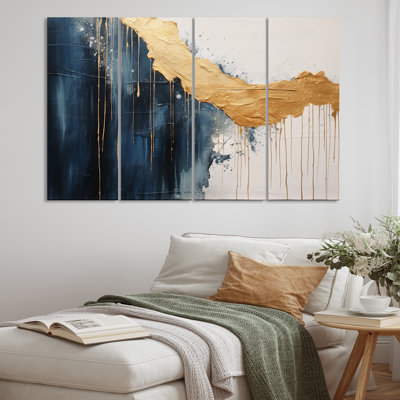 «Waves of Joy Minimal Nova» bleu et or - reproduction d'art sur toile tendue 4 pièces