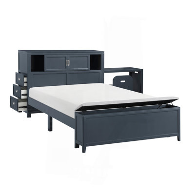 Navy Blue Finish Platform Bed with Bookcase Headboard Drawers Hidden Desk Stool Footboard Storage Bench Bedroom Furniture 1pc