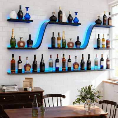 Support à vin mural avec lumières DEL, tablettes de bar flottantes de conception moderne incurvée, grand organisateur de rangement suspendu pour affichage de boissons alcoolisées pour la cuisine du bar à la maison (noir, 78,7 po / 200 cm)