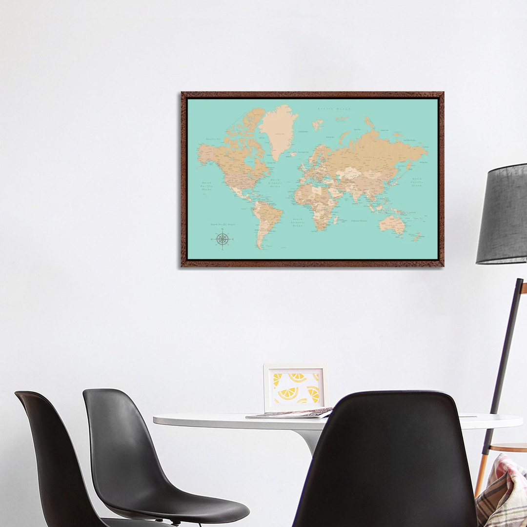 Vintage Style Teal And Brown World Map With Cities by Blursbyai - Gallery- Giclée on Canvas