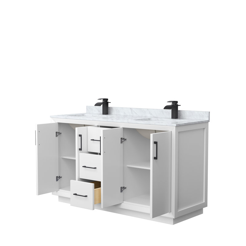 Ensemble de meuble-lavabo double 60 po Strada_ Marbre de Carrare blanc, Noir, noir, noir, noir, Blanc