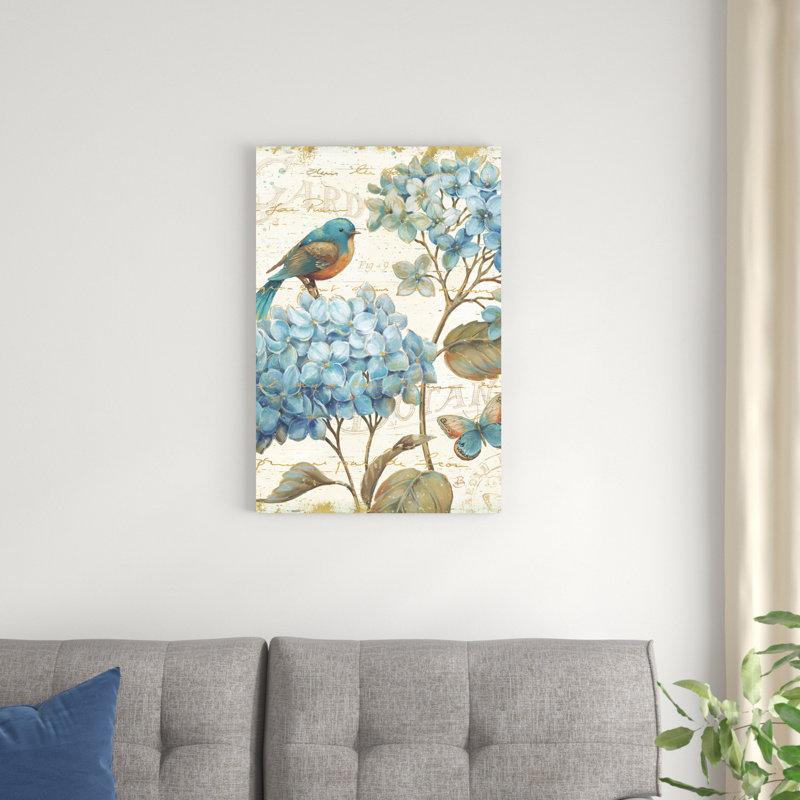 "Jardin bleu II" par Daphne Brissonnet, reproduction d'art sur toile tendue, H 30 po x l 20 po, Reproduction avec cadre noyer