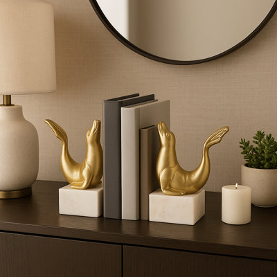 Decorative Sea Lion on Marble Base Bookends for Modern Home Decor for Desk and Bookshelf Accessories Set of 2", 10", Gold