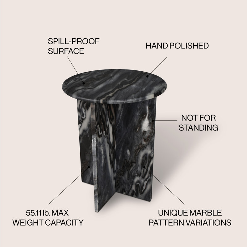 Javier Minimalist 17.75" Round Solid Black/Gray Marble End Table, Geometric Cross Base Glossy Accent Side Table for Living Room & Bedroom