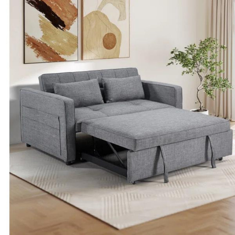 55.5" Modern Linen Futon Sofa Bed With Accent Pillow (Set of 2), Gray Linen Blend